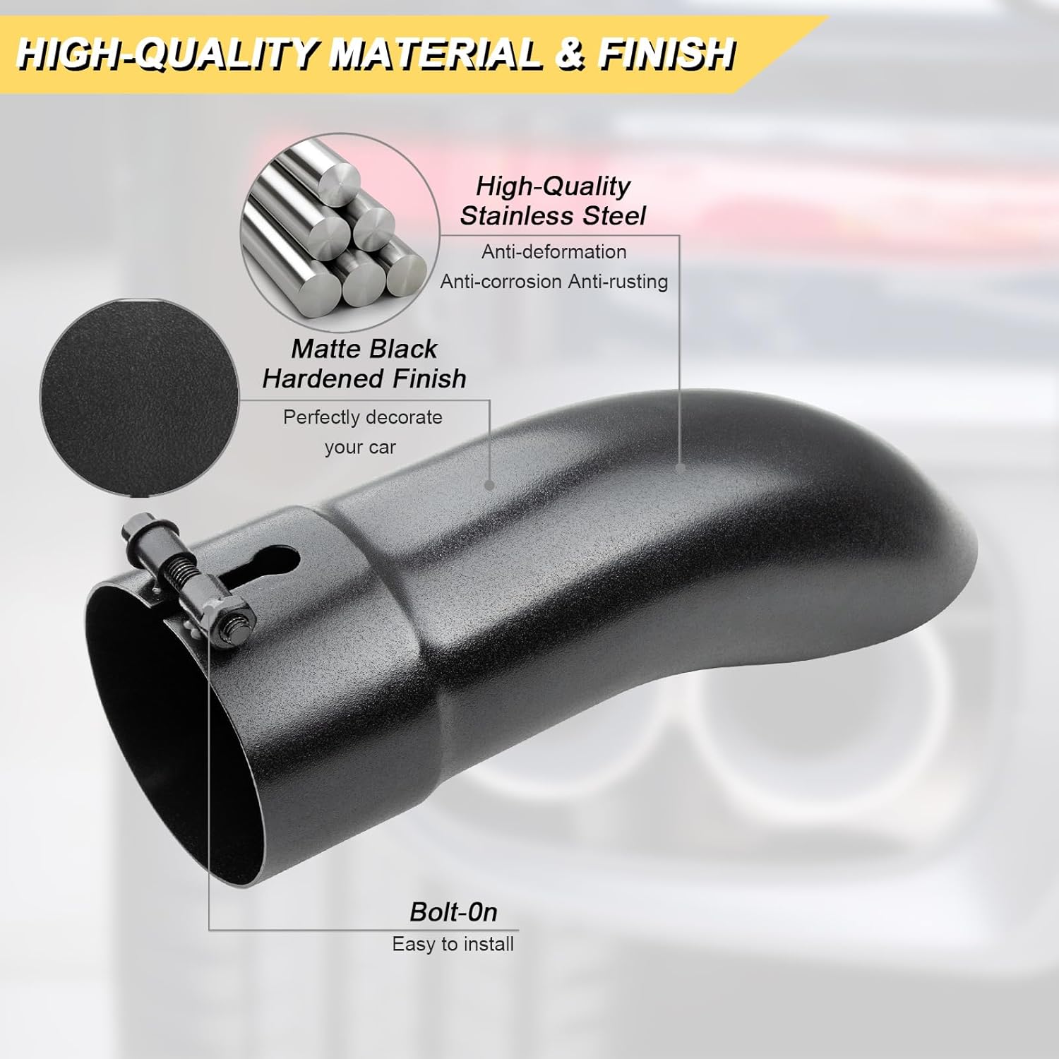 3.5 inch Inlet Curved Exhaust Tip, 3.5" Outlet 12" Overall Length Stainless Steel Turn Down Exhaust Tail Pipe, Bolt-On, Sleek Angle Cut, Polished Tailpipe, Black