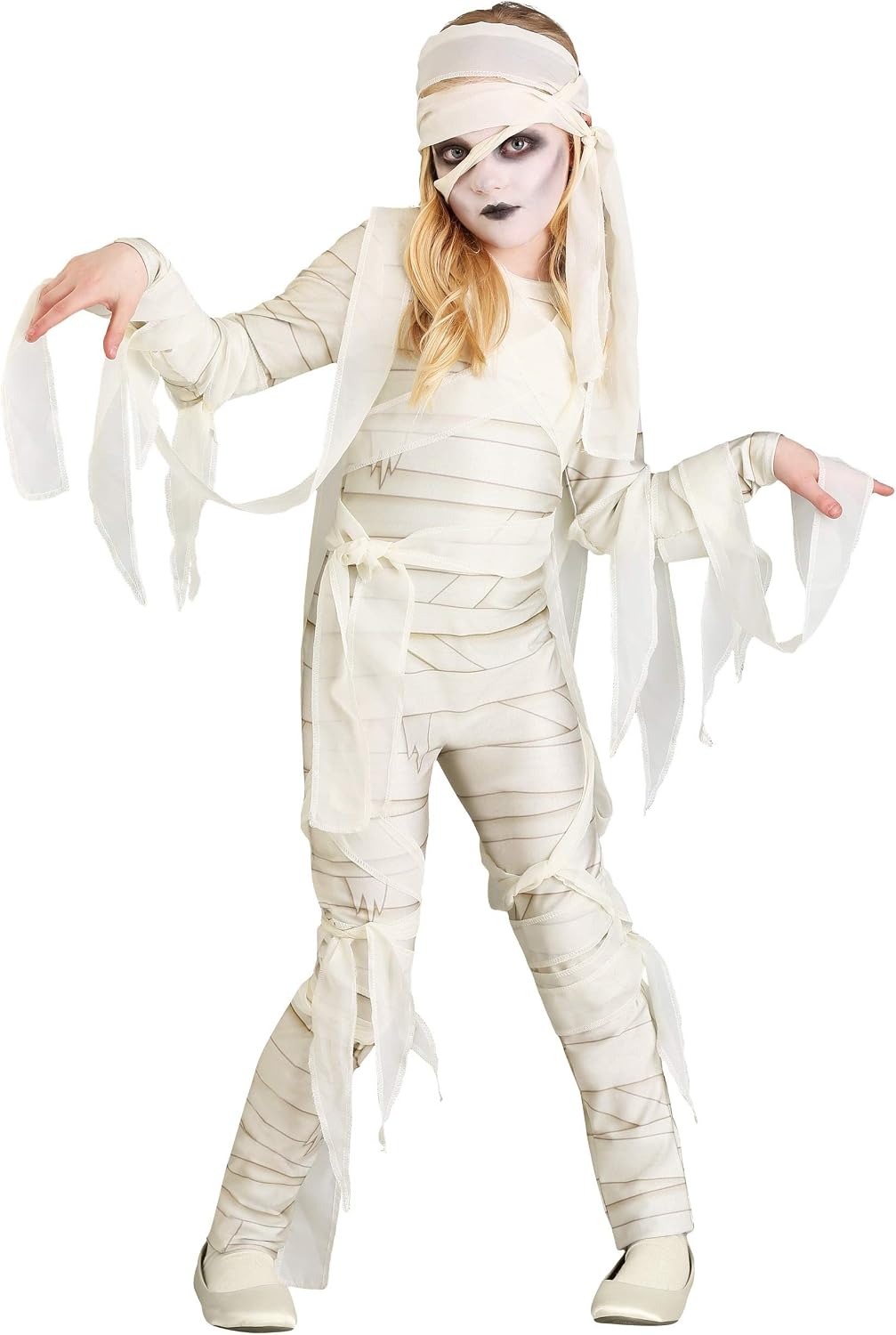 Girls Under Wraps Mummy Halloween Costume | Kids Mummy Jumpsuit with Attached Drapes, and Head Wrap