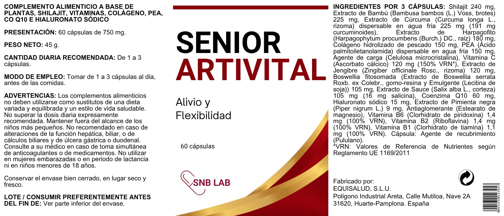Senior Artivital - Con shilajit, curcumina, harpagofito, colágeno y hasta 16 ingredientes. Elaborado en España.