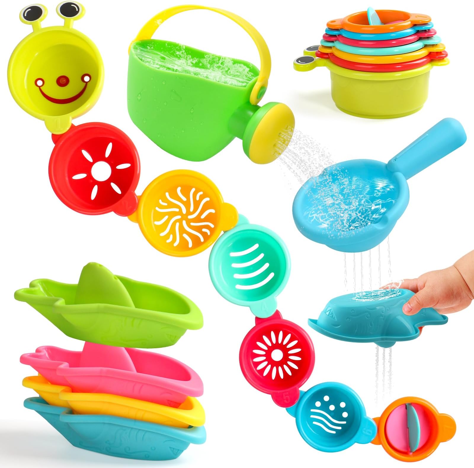 Zeewoo Baby Bath Toys for Kids Ages 1-3 Toddler Bath Toys Mold Free Bathtub Toys for 12+ Months Pool Water Table Beach Sand Toys Stacking Cups Floating Boats for 1+ Years Old Girls Boys Gifts 13 PCS