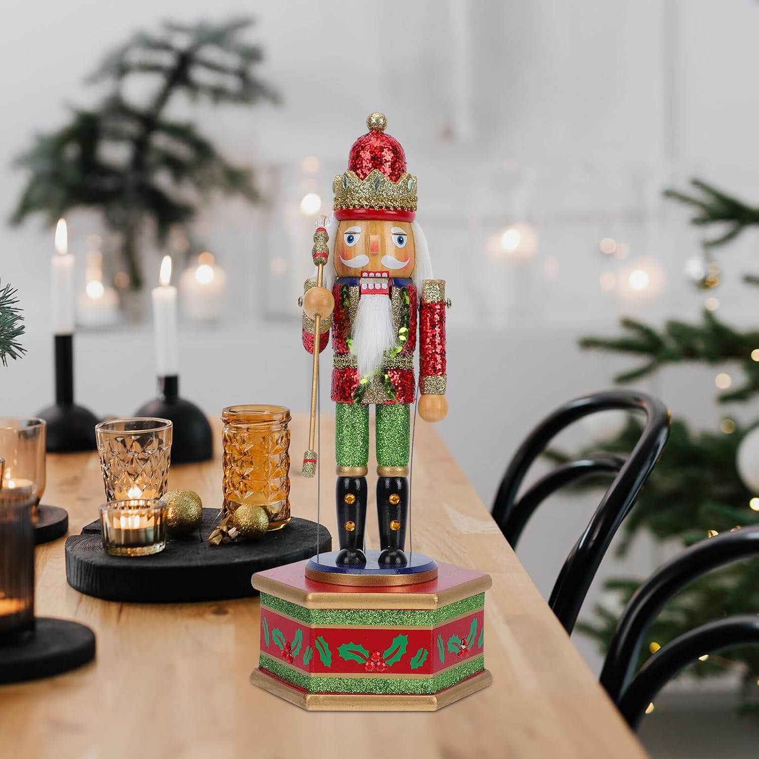 DOITOOL Musical Nutcracker Box Decorative King Soldier Figurine with Painted Craftsmanship Creative Xmas Ornament for Home Party Shelf Display Adorable Holiday Music Decoration