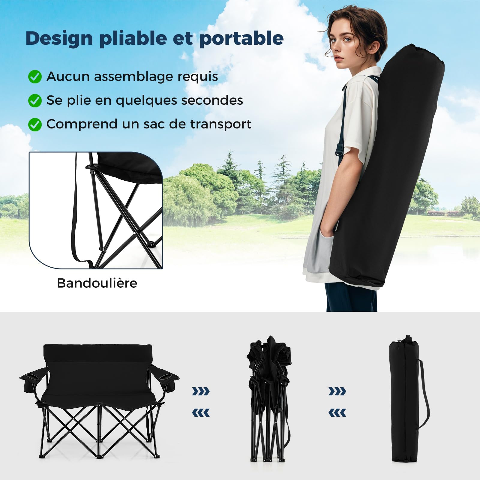 COSTWAY Chaise Pliante Camping à 2 Places, 132 x 66 x 96 cm, Charge 300 kg, Chaise de Jardin Exterieur, 2 Porte-Gobelets, Sac de Transport, Tissu Oxford, Fauteuil Pliant pour Plage Voyage Pêche (Noir)