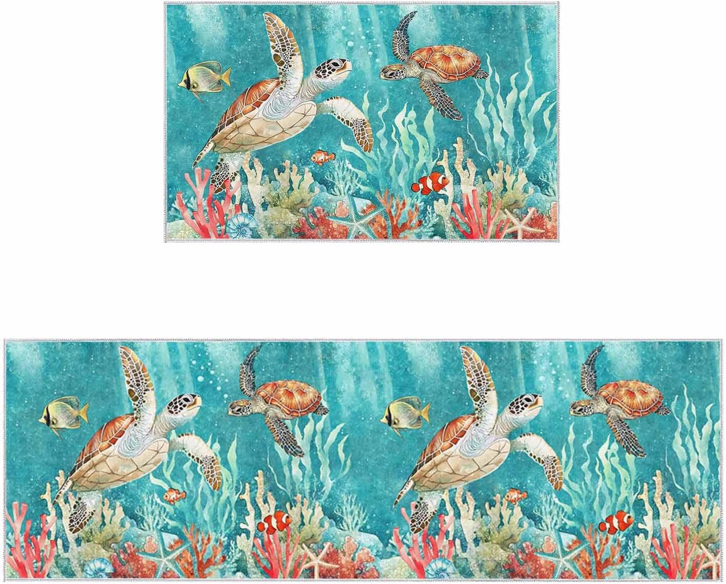 2 Pieces Kitchen Rugs and Mats,Retro Watercolor Ocean Turtle Coral Fish Area Runner Rug Set Non Slip Floor Doormat Washable Carpet Standing Mat for Kitchen Sink Indoor Corridor,Nautical Marine Life