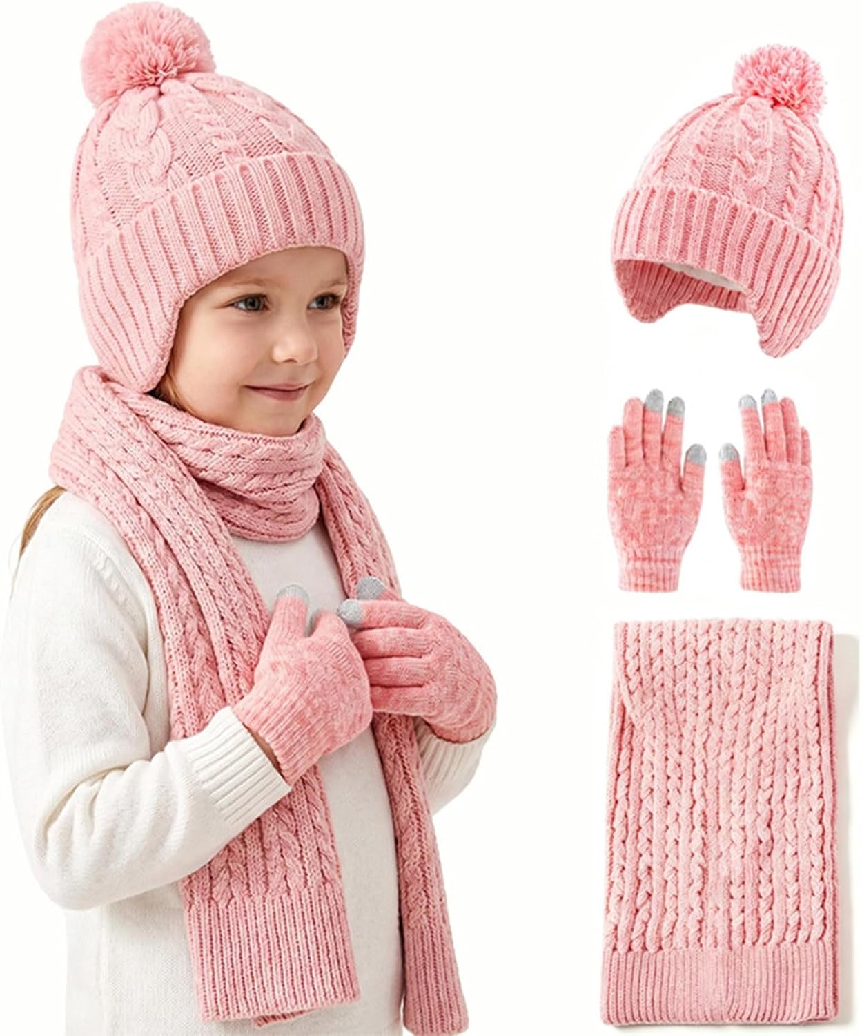 Girls Winter Knit Hat Long Scarf Hand Warmers 3 Piece Set