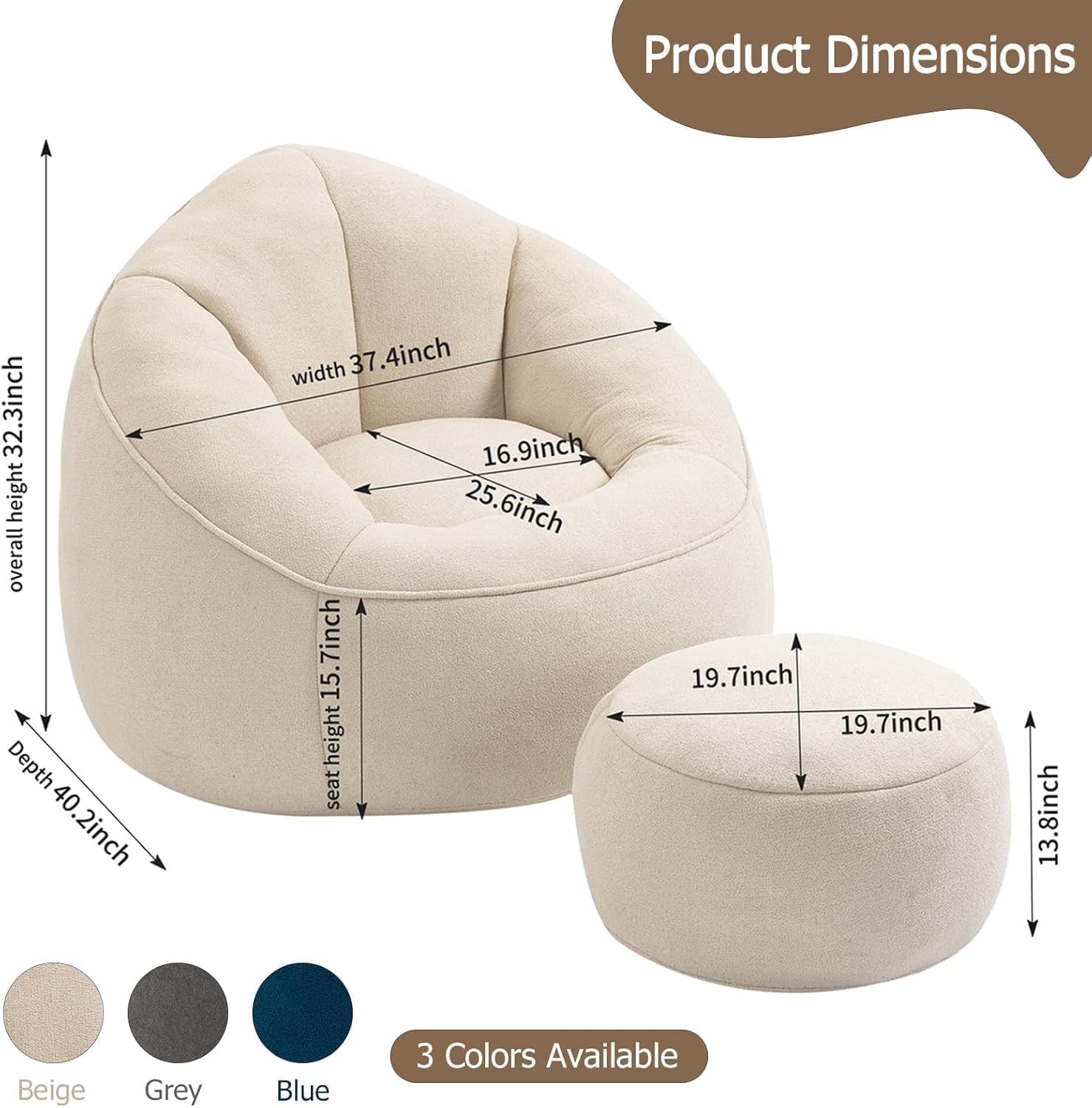 Bean Bag Chair with Ottoman, Comfy Beanbag Chair for Adults with Memory Foam Filler, Lazy Bean Bag Sofa with Stool, Cozy Lounge Chair for Teens and Kids to Reading, Gaming and Watching TV (Beige)