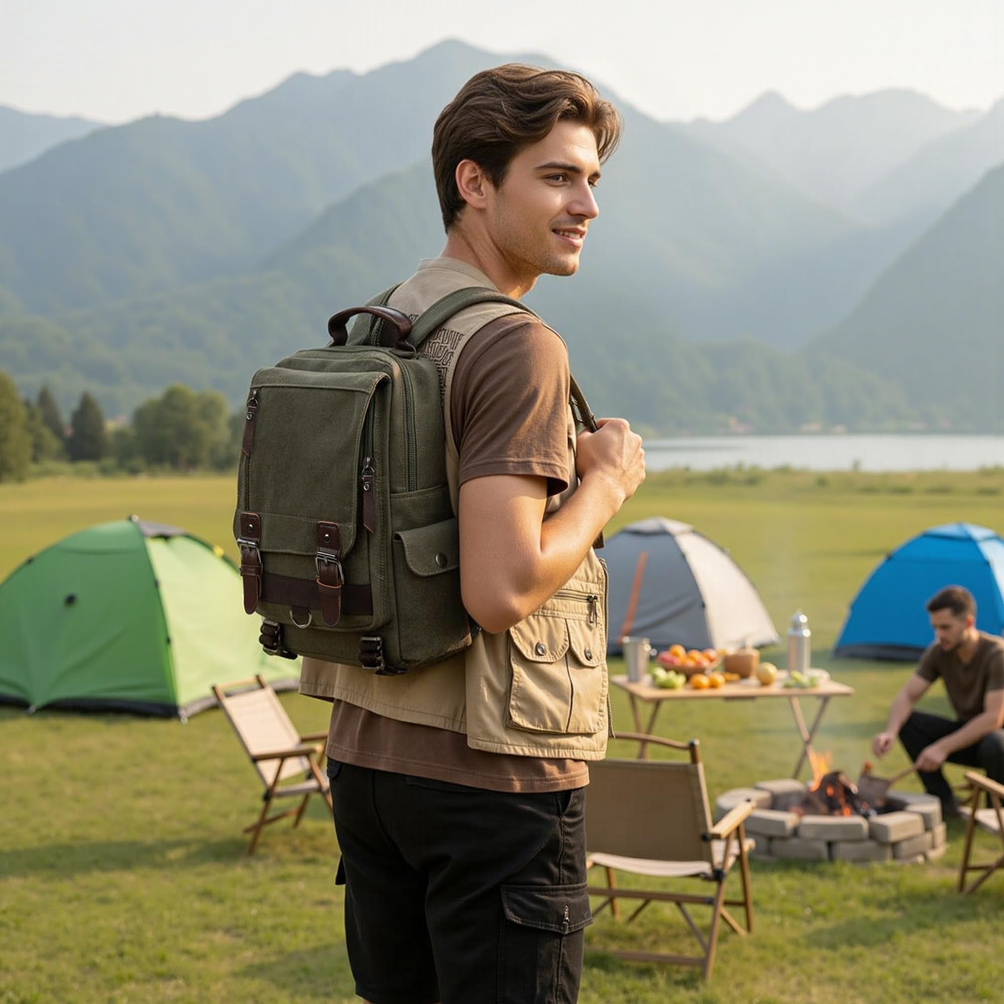 Uomo Zainetto Moda Tela Zaino Borsa a Tracolla Convertibile per 12.9 Pollici iPad Università Zaino Casuale Viaggio Scuola Quotidiano Lavoro Messaggero Sacchetto Uomo Vintage Backpack Verde