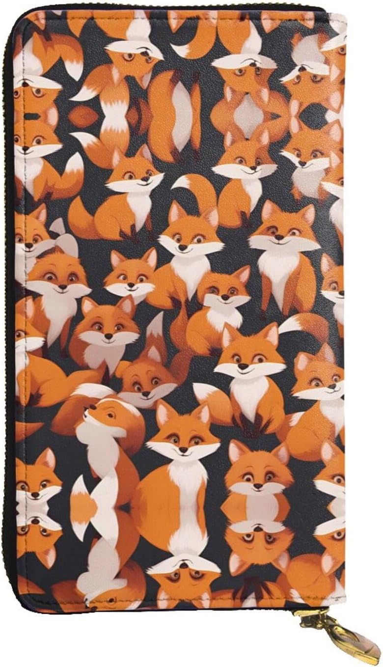 (7.5 * 4.1 inches) Long Clutch Bag, lots of cartoon little foxes Zipper Leather Wallet with Multiple Compartments Large Capacity, a Good Gift for Friends
