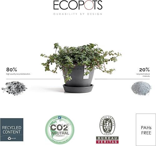 Miniatura 3 de Ecopots Antwerp - Maceta moderna de plástico reciclado para interiores y exteriores con platillo, color gris oscuro, 4.5 pulgadas