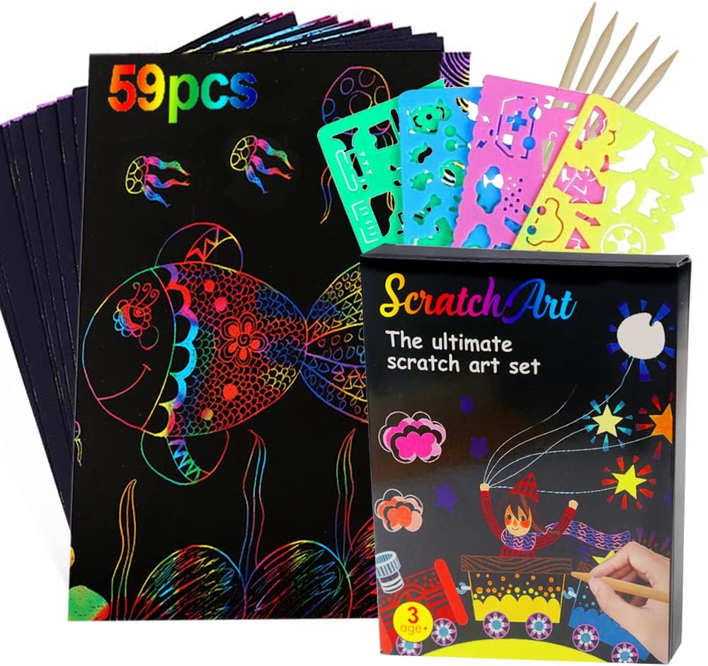 SIENON Scratch Art Paper Set, 59 Pieces Rainbow Magic Scratch Paper Set for Kids, Black Scratch Off Art Craft Kits Notes Sheets Boards Doodle Pad Fun DIY Game for Birthday Party Christmas Easter Gift