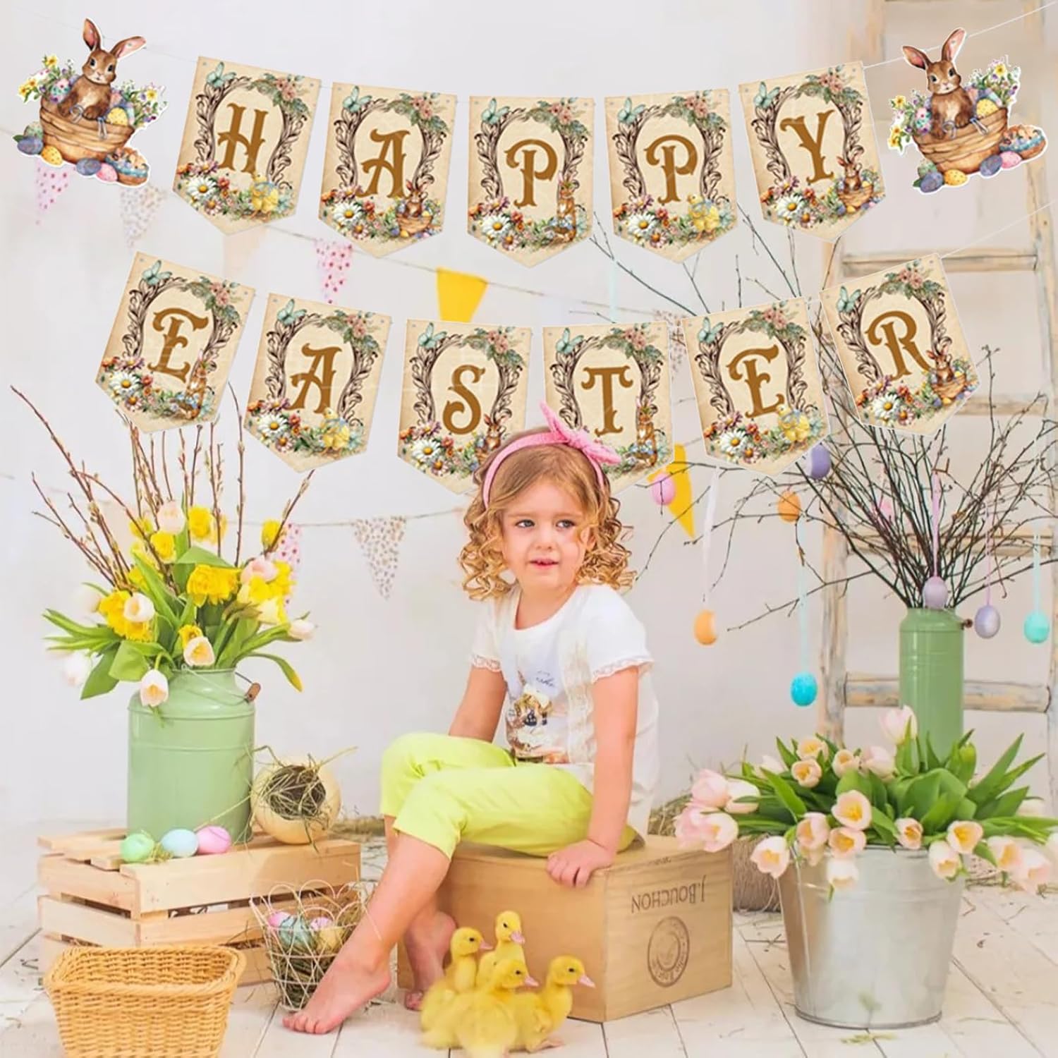Happy Easter Banner Bunny Banner Easter Decorations for Indoor Outdoor Home Mantel Decorations Spring Party Supplies