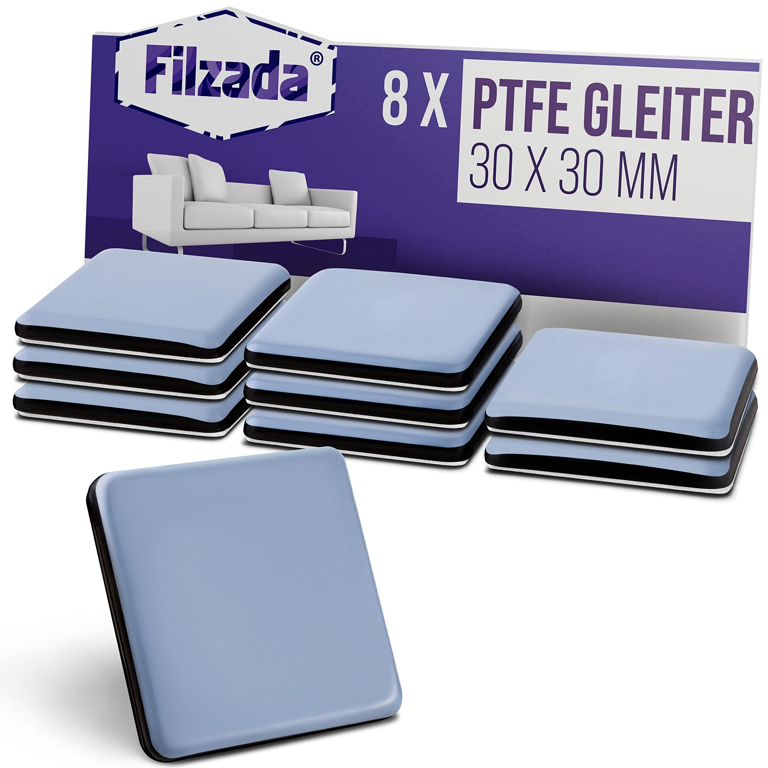 Filzada® 8X Teflongleiter Selbstklebend - 30 x 30 mm (eckig) - Profi Möbelgleiter/Teppichgleiter PTFE (Teflon)