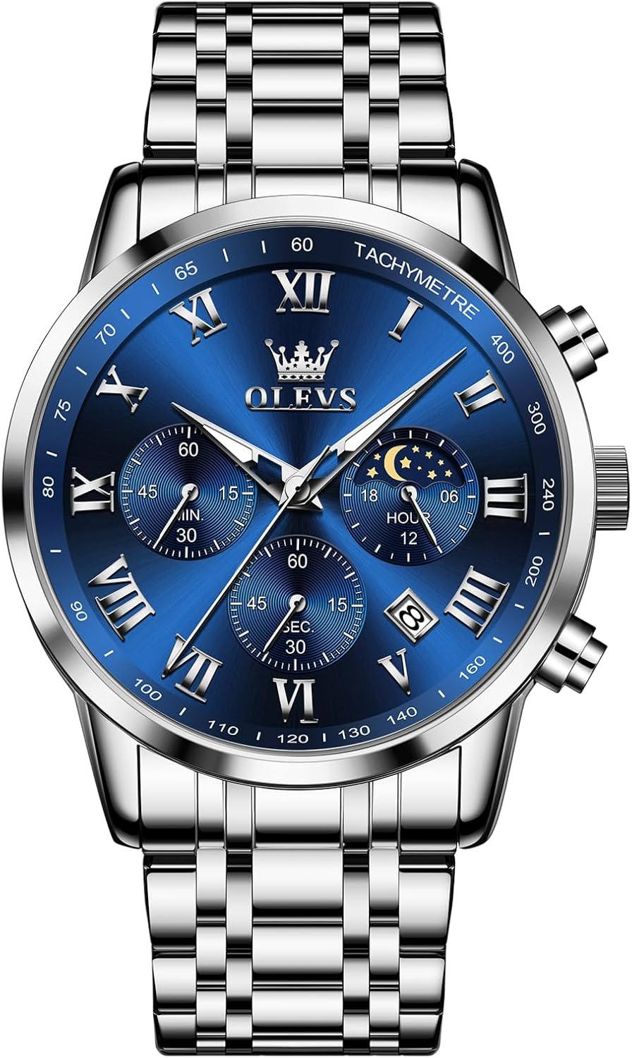 OLEVS Mens Stainless Steel Chronograph Watch, Big Face Roman