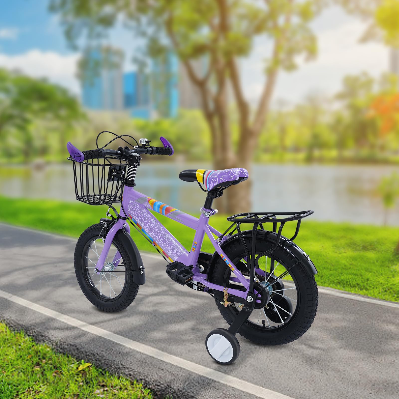 Vélo pour enfant de 14 pouces avec siège arrière, vélo pour enfants avec panier et roues stabilisatrices, vélo pour enfants à partir de 3 ans, garçons et filles, hauteur réglable