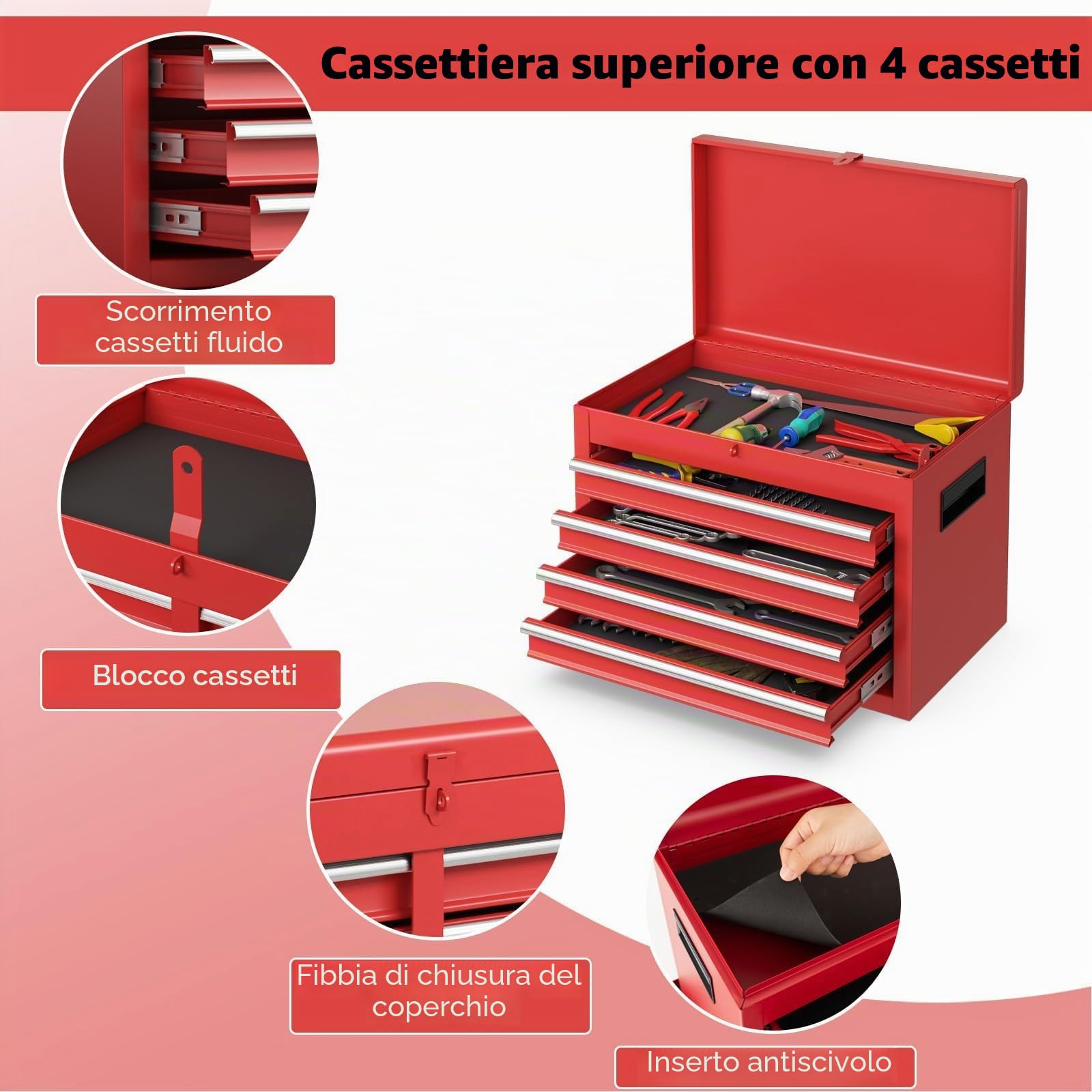 FANTASK Carrello portautensili 2 in 1 su ruote, carrello da officina con chiusura a gancio, 8 scomparti e valigetta e ripiano regolabile, senza attrezzi, carrello professionale in metallo, portata 100