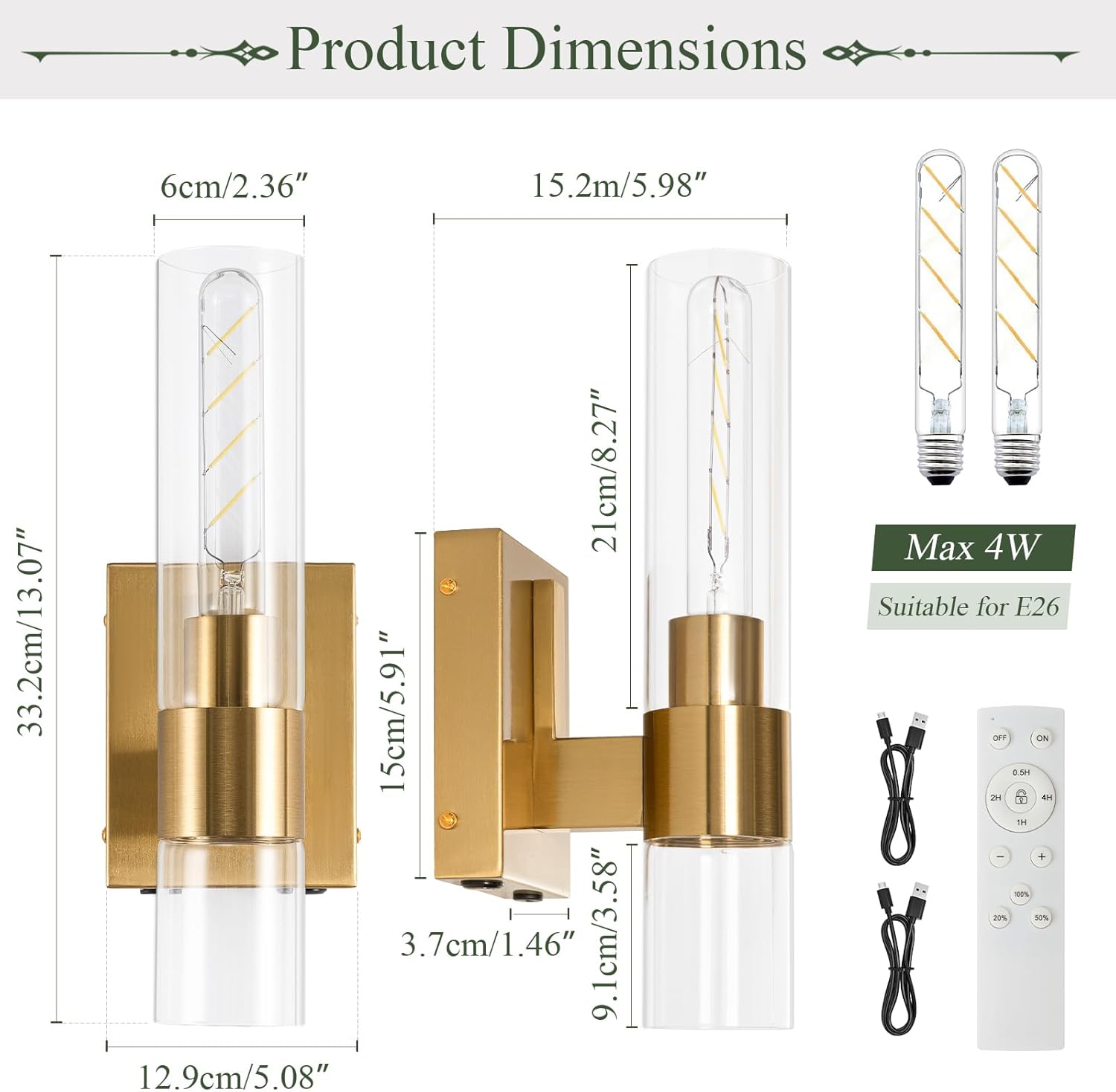 BELS Battery Operated Wall Sconces Set of Two, 13 Inch Gold Wireless Wall Light with Cylinder Clear Glass, Remote Control, Modern Wall Sconce for Bathroom, Bedroom, Living Room, Hallway