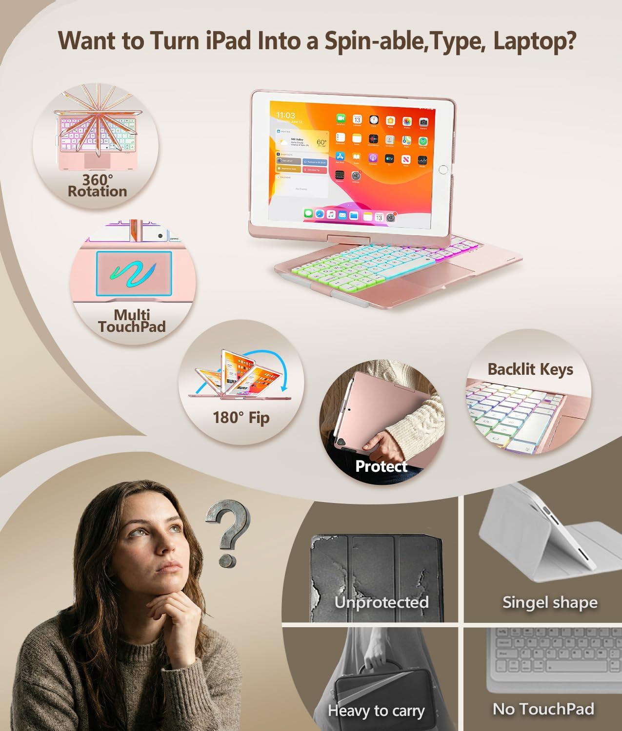 BABG iPad 9th Generation Case with Keyboard,360° Rotatable,Touchpad,Backlit Keyboard with Pencil Holder for 10.2 inch iPad 9th Gen 2021/ 8th Gen 2020/7th Gen 2019 and iPad Air 3/Pro 10.5"-Rose Gold - Image 2