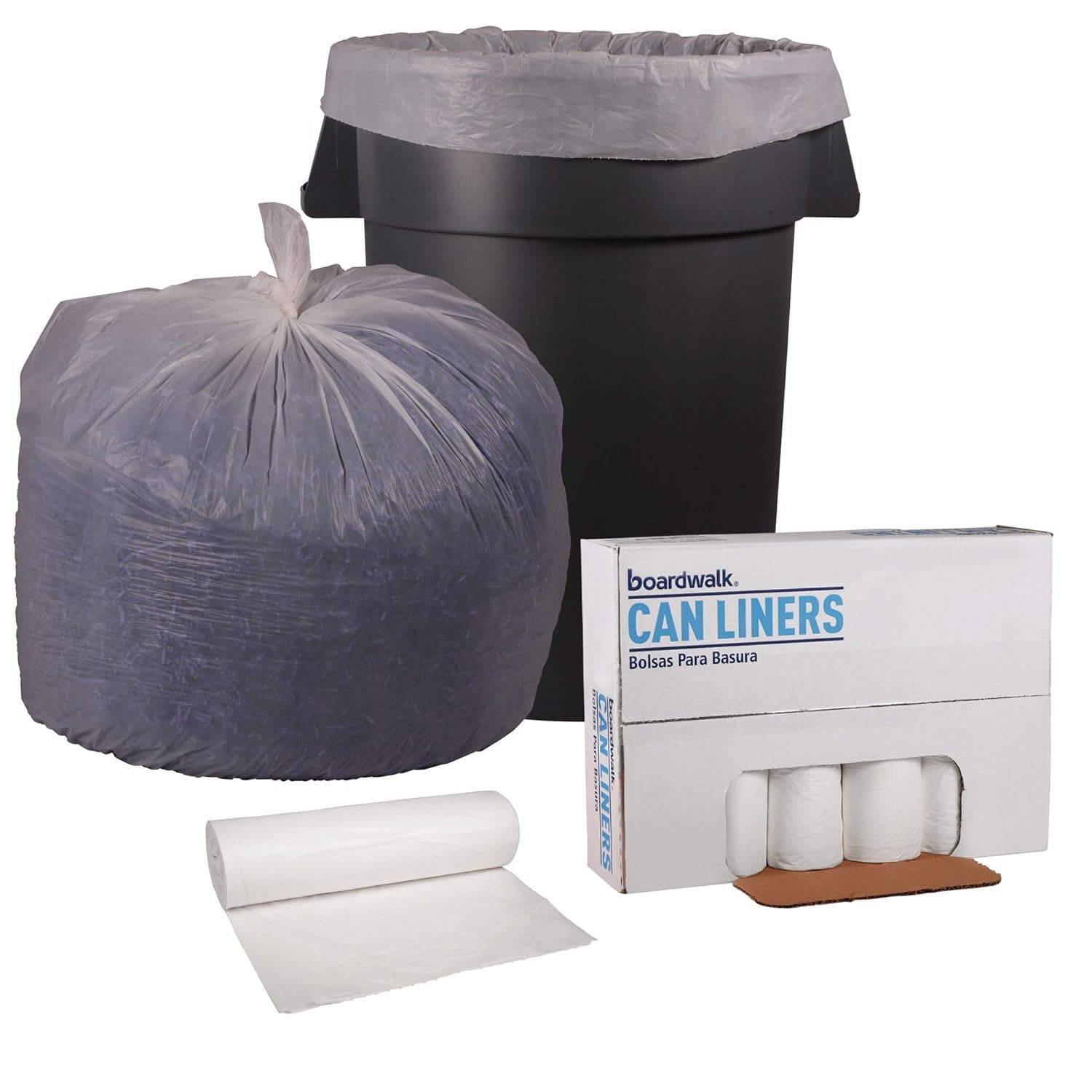 Boardwalk Low-Density Waste Can Liners, 45 gal, 0.6 mil, 40" x 46", White, 25 Bags/Roll, 4 Rolls/Carton