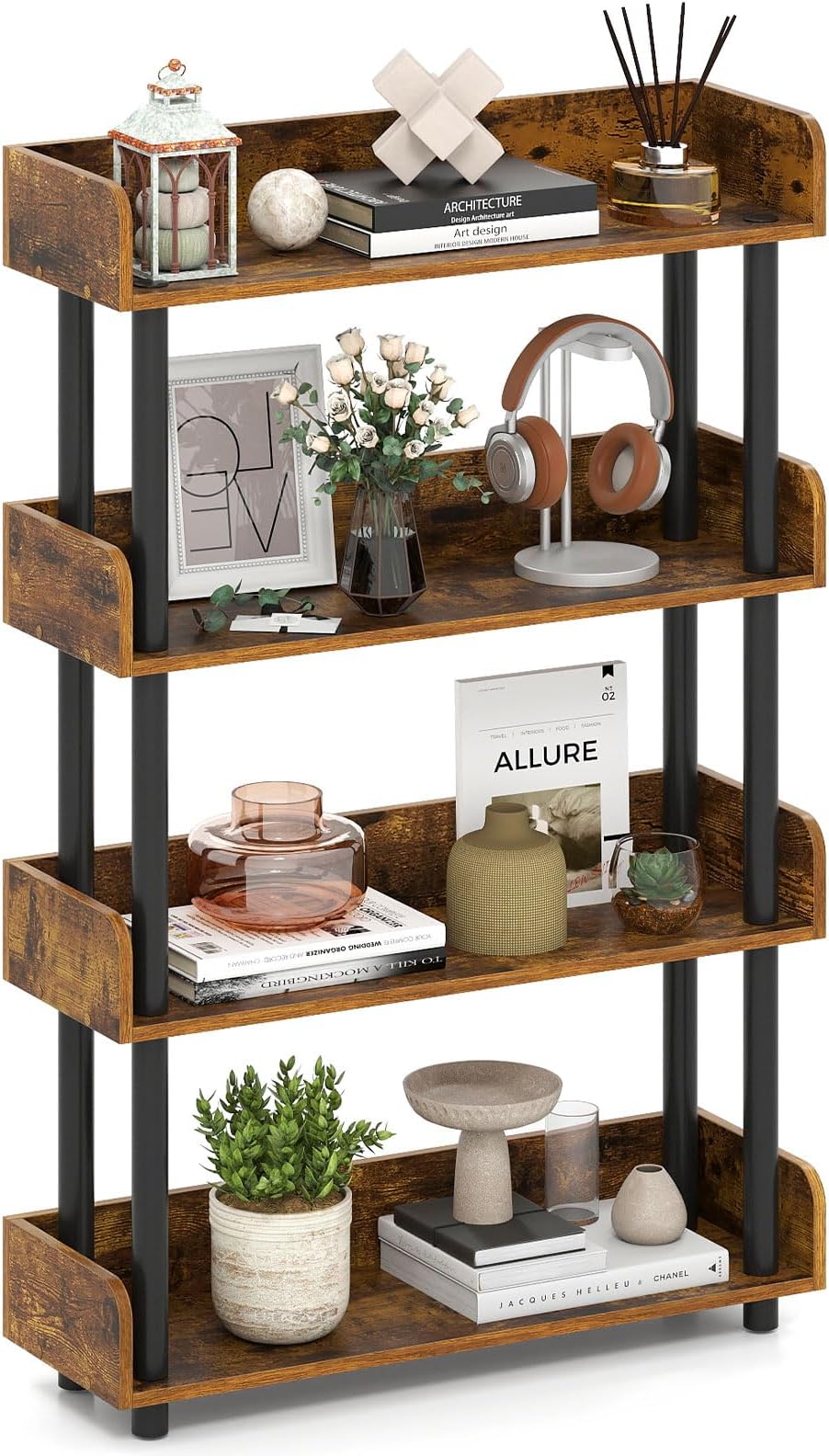 4-Tier Bookshelf, Multipurpose Wood Standing Display Rack with Back and Side Panels, Industrial Open Bookcase, Storage Organizer for Living Room Kitchen Office (Rustic Brown, 1 Pack, 4-Tier)