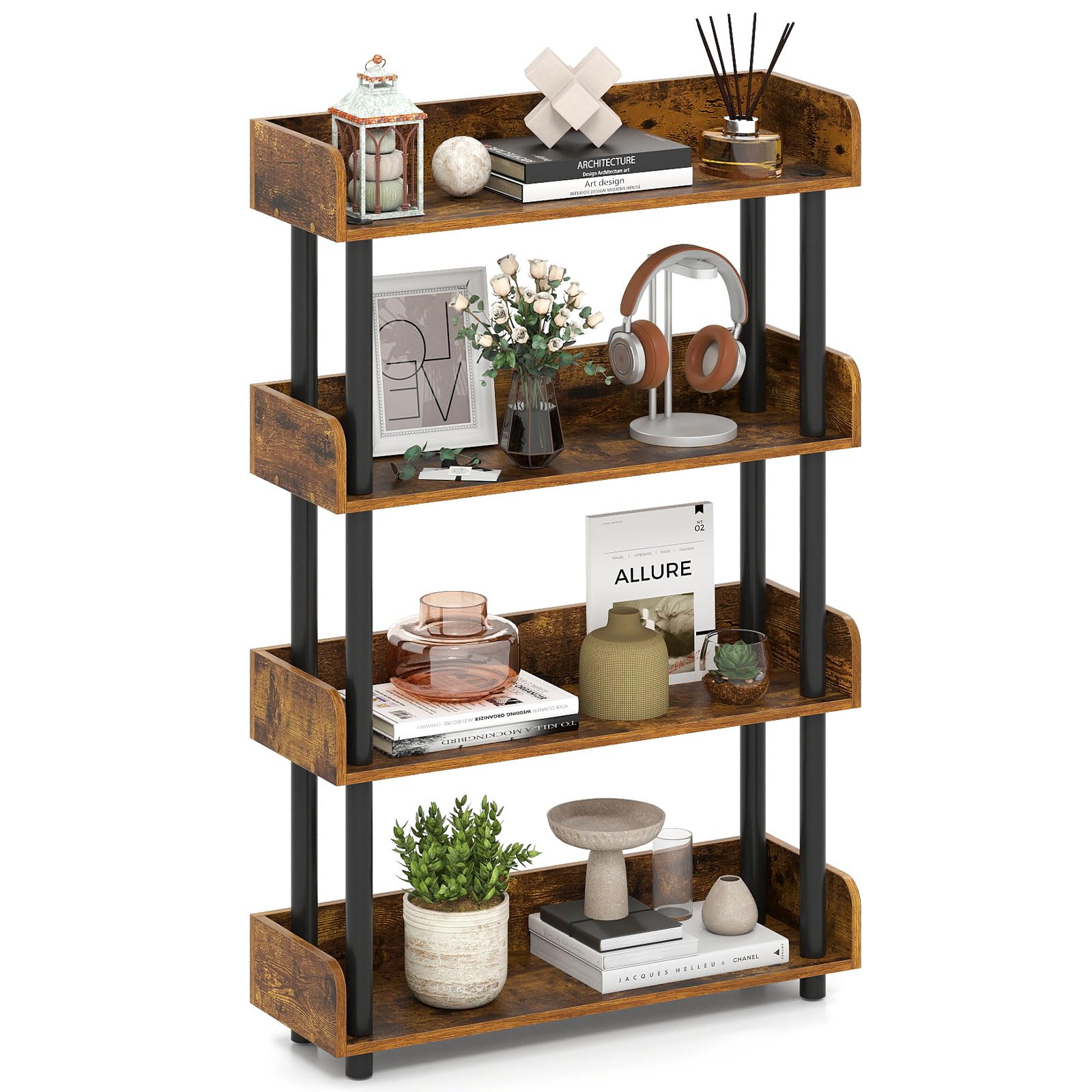 4-Tier Bookshelf, Multipurpose Wood Standing Display Rack with Back and Side Panels, Industrial Open Bookcase, Storage Organizer for Living Room Kitchen Office (Rustic Brown, 1 Pack, 4-Tier)