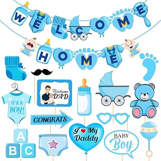 Zyozique Baby Boy Welcome Home Decoration Kit Banner with Photo Booth Props for Baby Shower / Welcome Party / Birthday Party Supplies(Pack of 16)