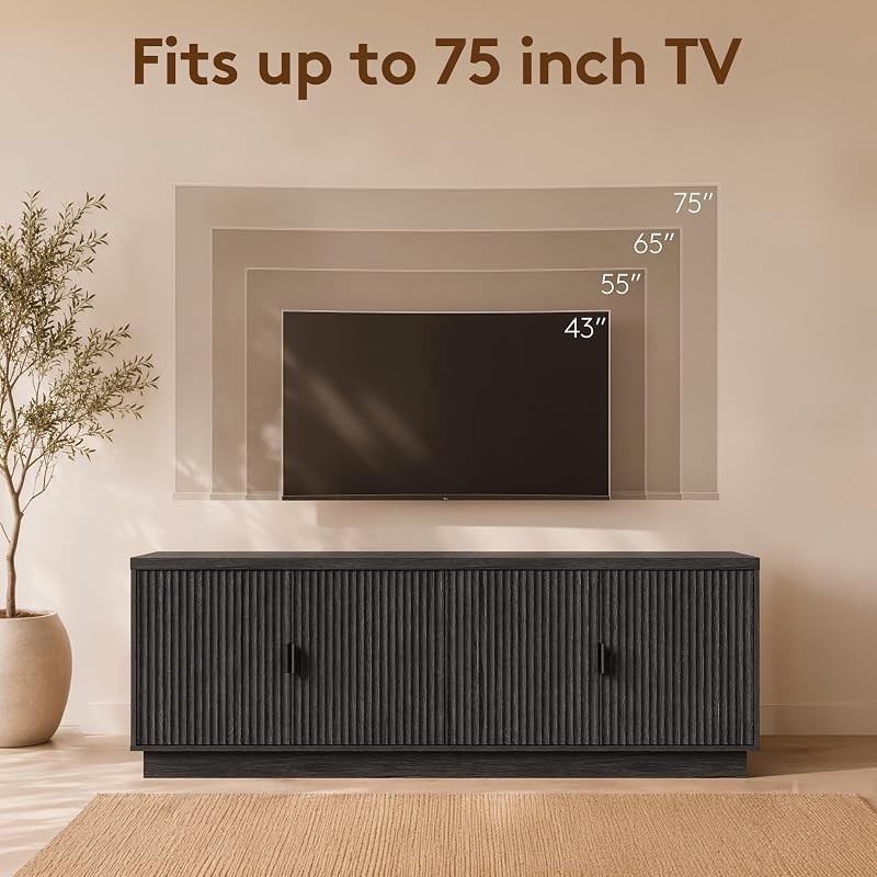 Fatmok Fluted TV Stand for up to 75" TVs, 68" Entertainment Center with 4 Doors, Modern Media Console with Adjustable Shelves & Storage Cabinets, Black and Grey image 4