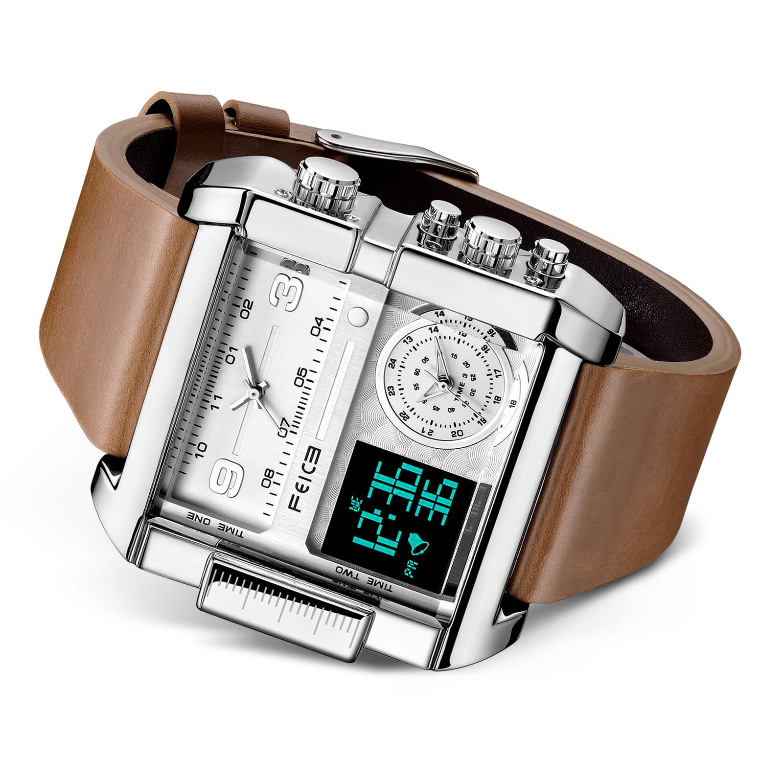 FEICE Digital LED Analog Watch for Men- Unique Large White Dial Quartz Wristwatch with Multifunction Square Chronograph 24 Hour Calendar Leather Strap FK030Pro, Brown
