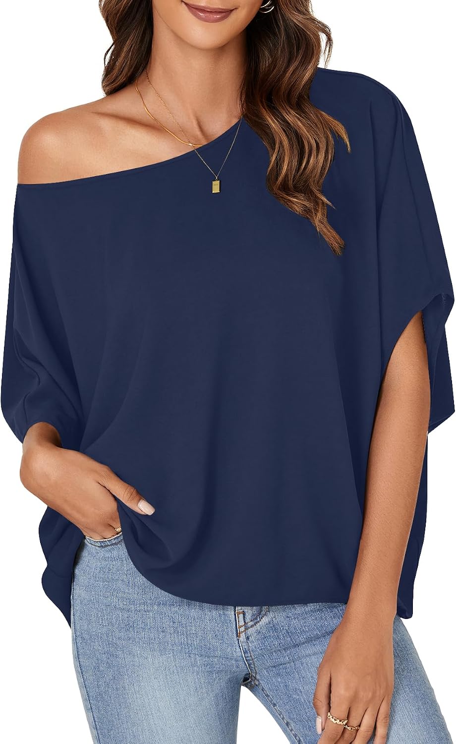 LYANER Women's Off Shoulder Tops Oversized Batwing Sleeve Loose Blouses Casual Tunic Shirt