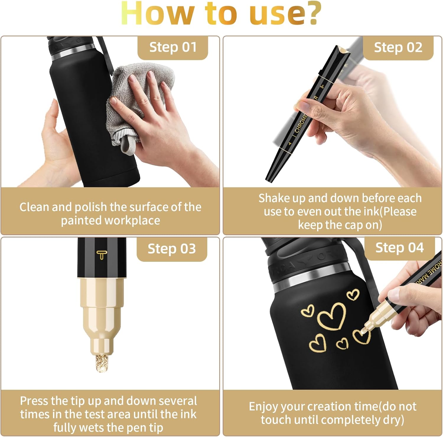6 PCS Dual Tip Liquid Mirror Chrome Markers, Permanent Reflective Metallic Paint Pen with 3 Gold and 3 Silver, High Gloss DIY Model Painting, Touch Up Repair Kit for Plastic Metal Glass Resins