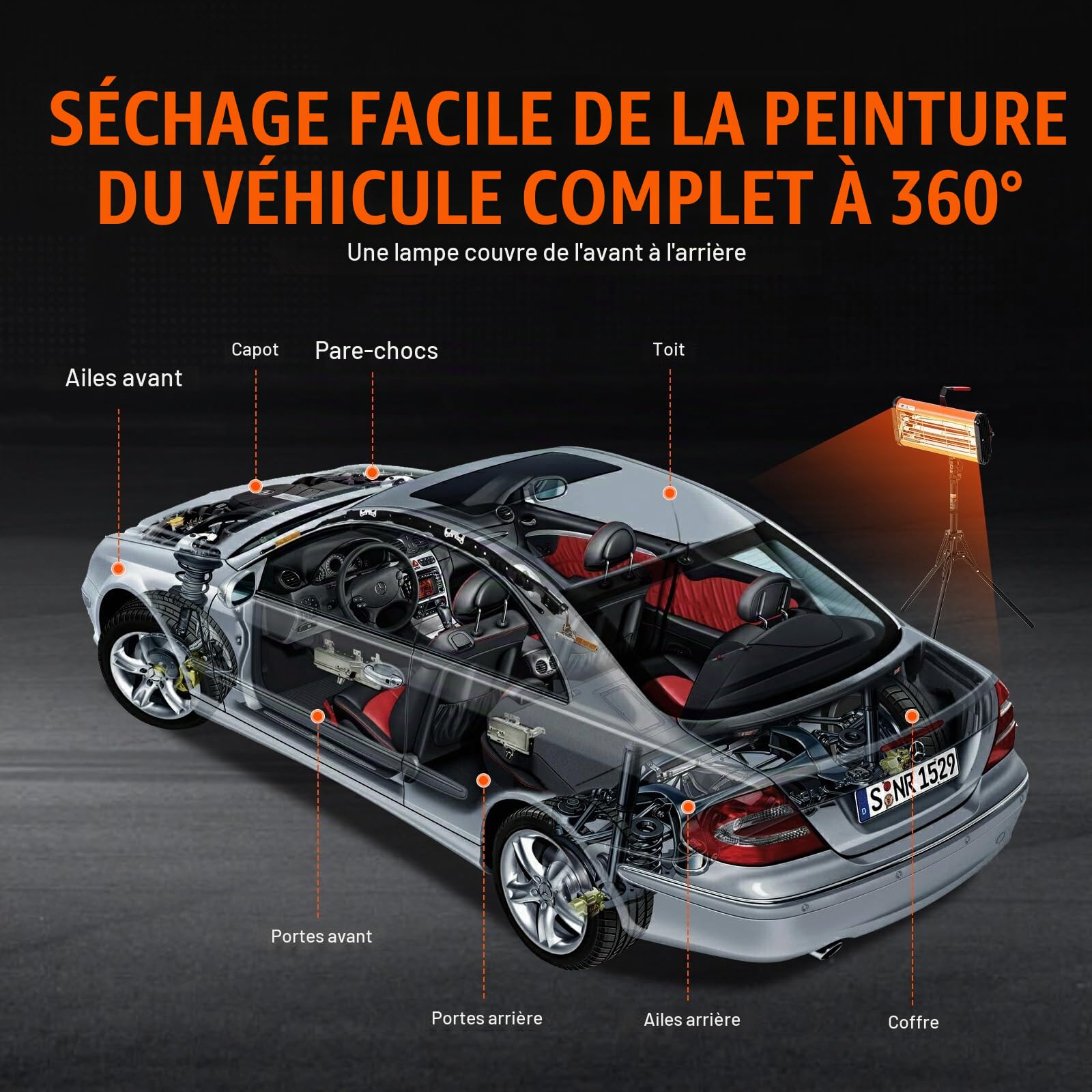 VEVOR Lampe polymérisation infrarouge double usage séchoir peinture portable sur pied, 2000 W, minuterie 0-90 min, chauffage auto pulvérisation 0,33 ㎡, lampe à polymériser avec support pour réparation