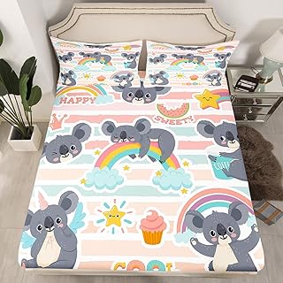 Manfei Koala Fitted Sheet Full Size Clouds Rainbow Stripes Bed Cover Food Animal Bedding Set 3pcs for Kids Teens Room Decor,Cute Soft Bed Sheets with 2 Pillowcases