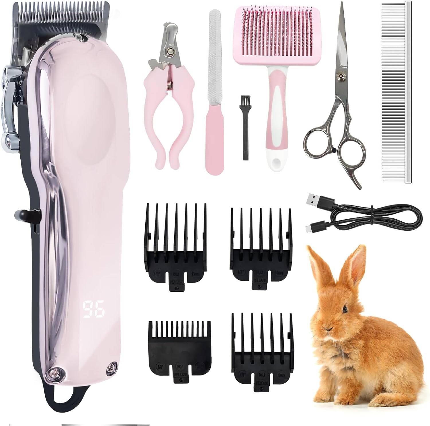 Rabbit Clippers for Grooming for Thick Heavy Coats,Quiet Cordless,Rechargeable,LED Display,High Power Professional Pet Hair Trimmer Shaver,Clippers Grooming Kit and Paw Trimmer for Bunny or Other Pets