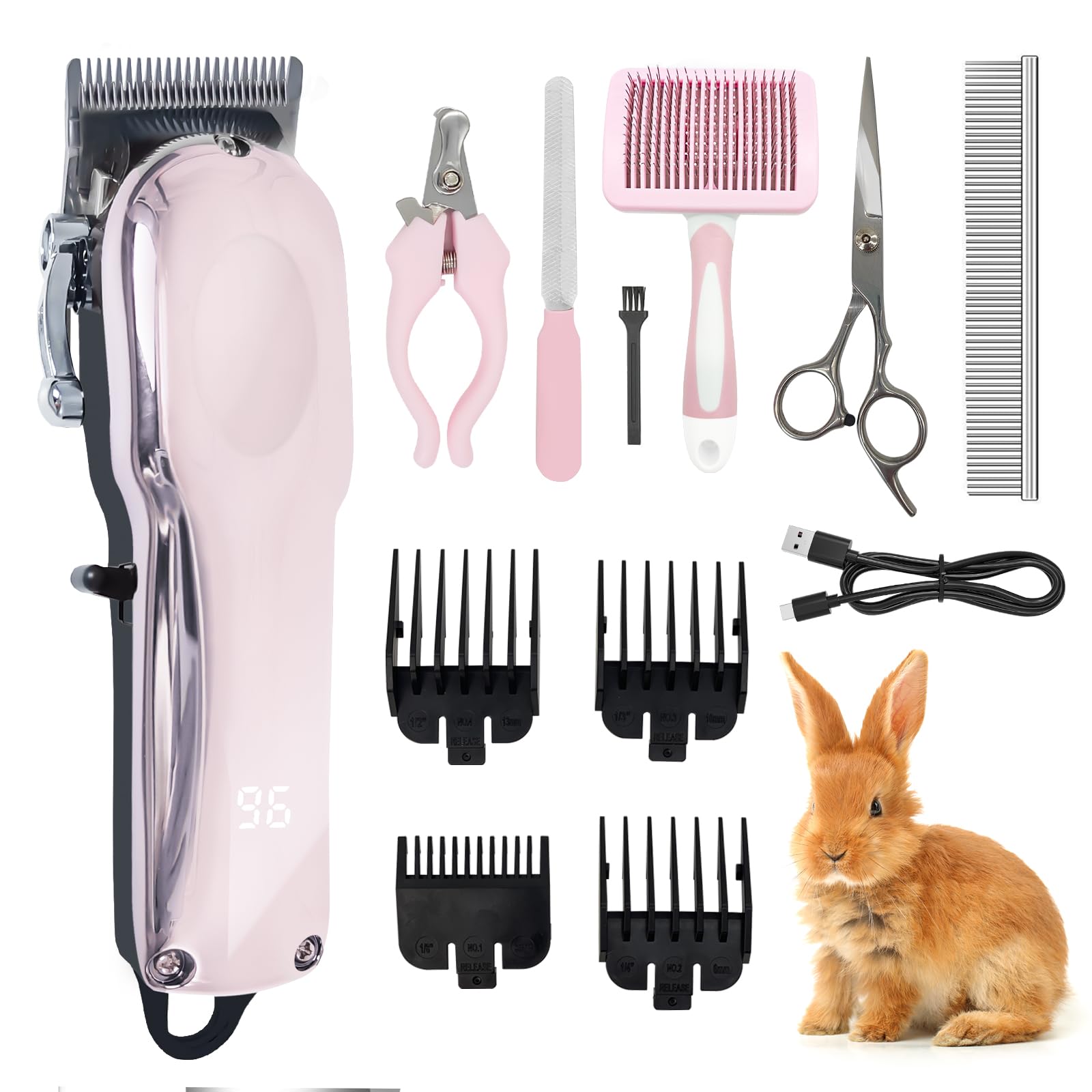 Rabbit Clippers for Grooming for Thick Heavy Coats,Quiet Cordless,Rechargeable,LED Display,High Power Professional Pet Hair Trimmer Shaver,Clippers