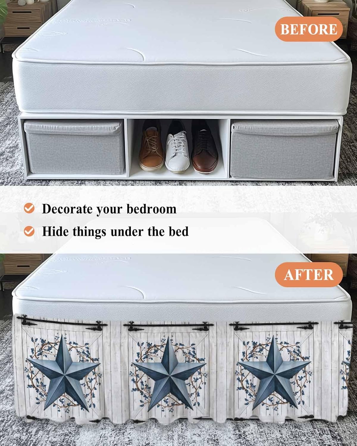 Bed Skirt Blue Barn Star Berry Bedskirt 16 Inch Drop Rustic Farmhouse Door Wall Adjustable Elastic Wrap Around Bed Skirts Dust Ruffle for King Size Bed Frame Cover Bedroom Decor