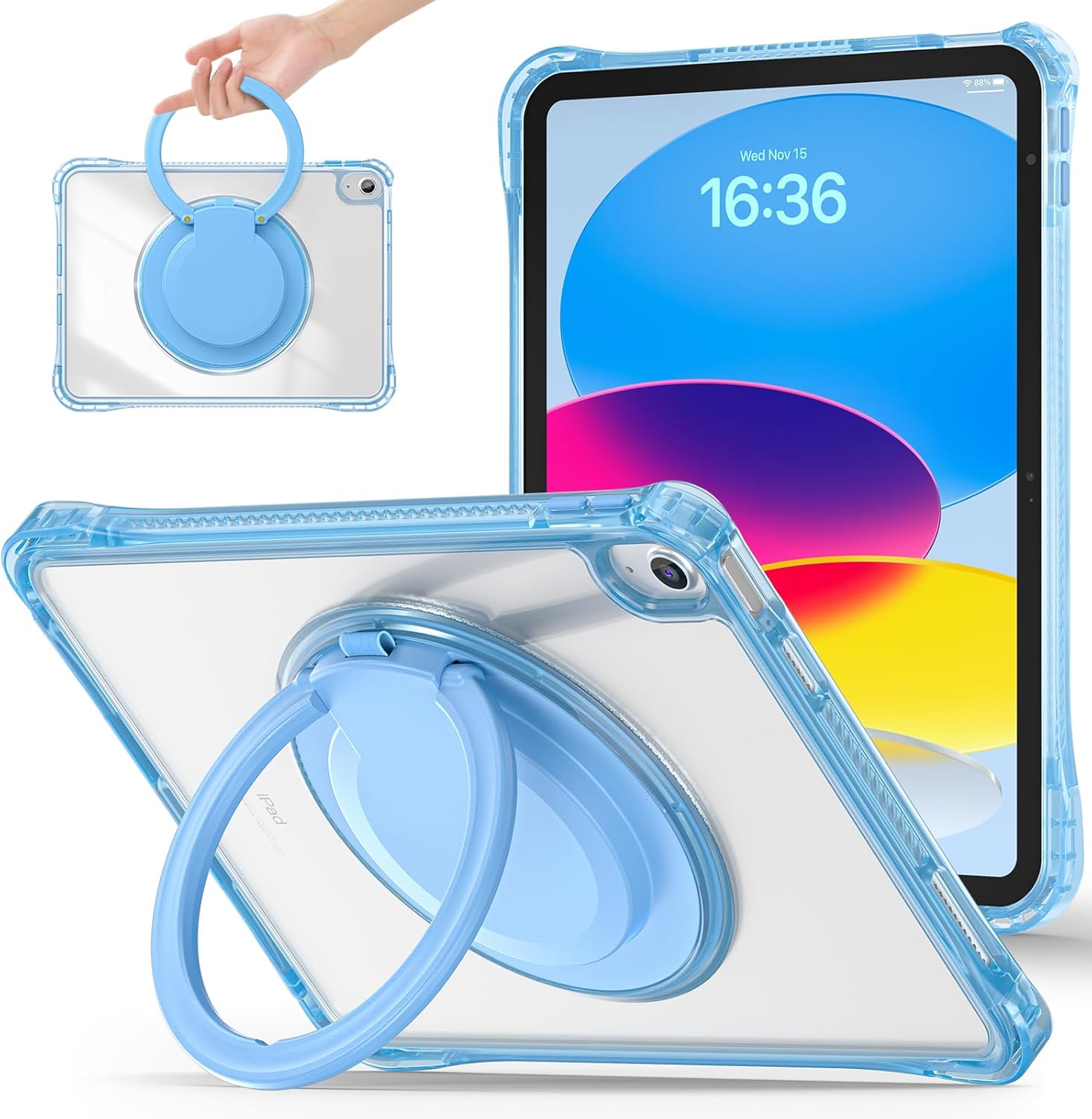 Mektron Shockproof Case for iPad Air 11 inch (M4 2026 8th /M3 2025 7th /M2 2024 6th), Compatible with iPad Air 10.9" (2022 5th Gen /2020 4th Gen), Clear Cases with Rotating Stand for Kids, Light Blue