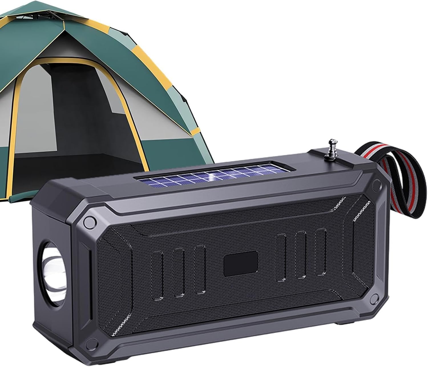 Generic Portable Solar Speaker with a tent in the background