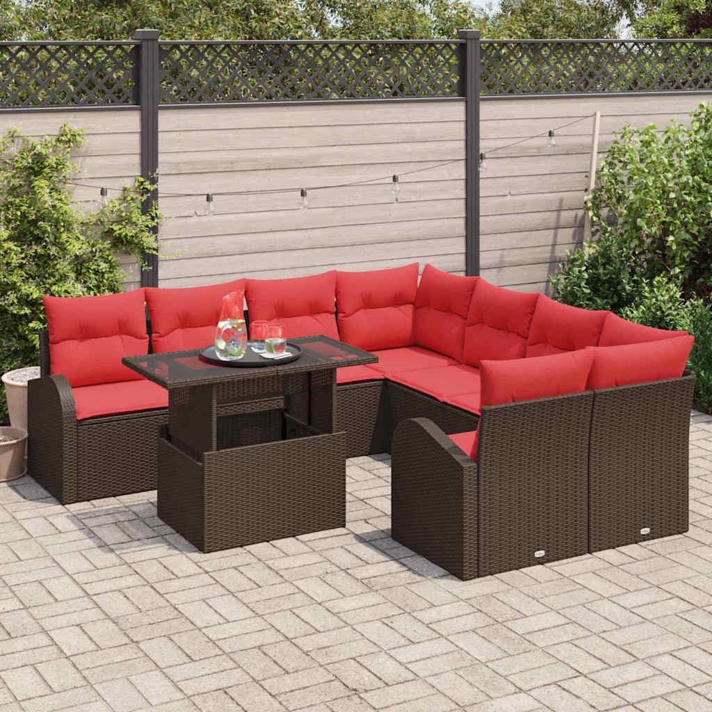 Salon de Jardin Modulable 9 Pièces en Résine Tressée Polyrotin, Ensemble de Canapé d'Extérieur Marron pour 8 Personnes avec Table et Coussins Confortables, Mobilier pour Terrasse et Balcon