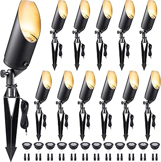 Gardenreet Die-Cast Brass Spot Light Outdoor - 12V Uplighting Waterproof, LED Low Voltage Landscape Lights Metal, Black for Fence Fountain with Warm White MR16 Replaceable Bulbs (12 Pack)