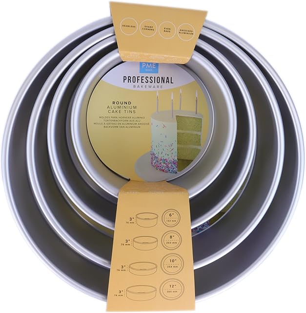 PME Round Cake Pans 6, 8, 10, 12-Inch x 3-Inch Deep, Set of 4 (RNDB6810123), Silver