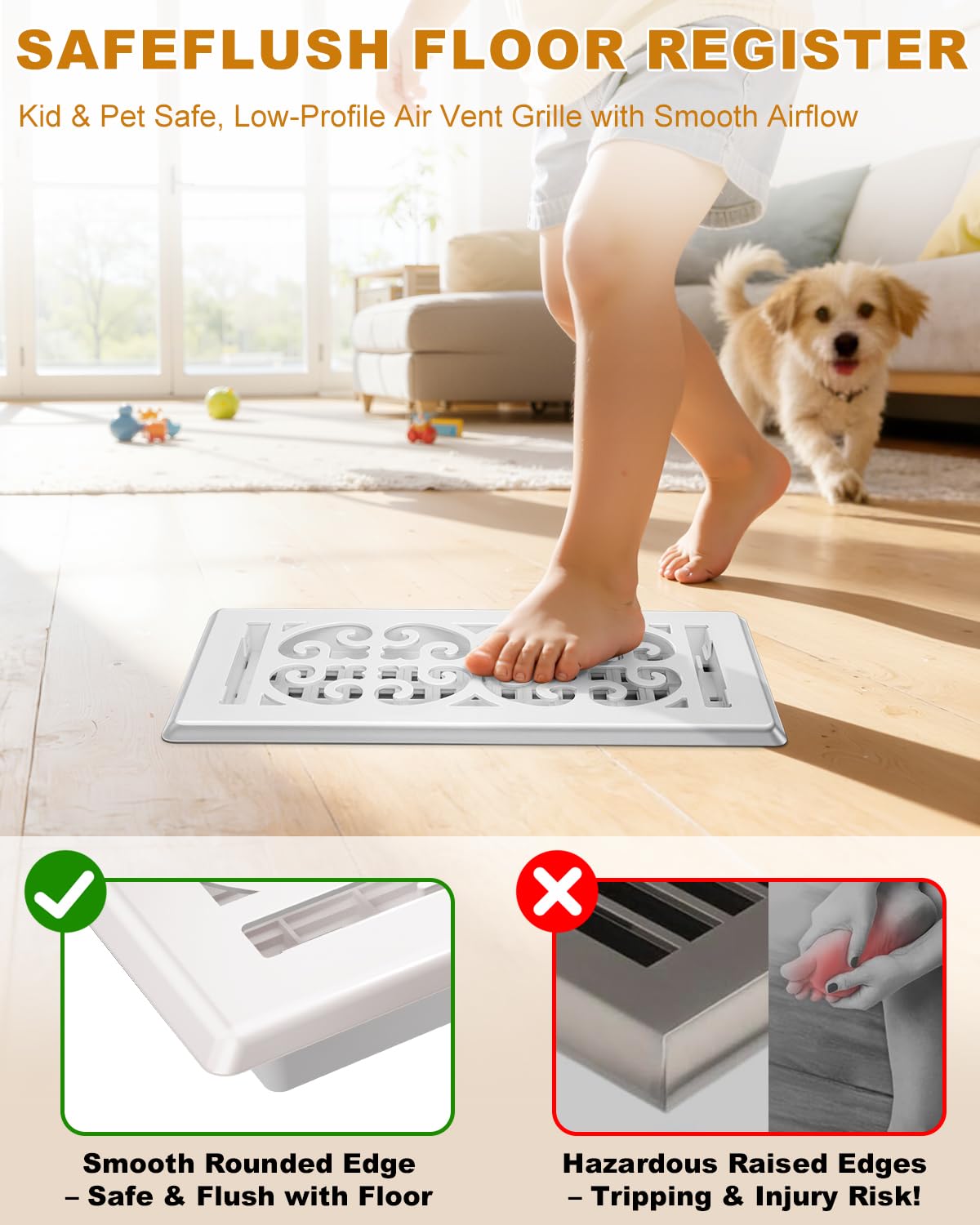 4x10 Floor Register Vent Cover – Heavy Duty Walkable Floor Vent Covers for Home Floor & Wall - Decorative White Thicker Metal HVAC Floor Vents with Adjustable Airflow Lever - 5 Pack - Scroll Design - 3