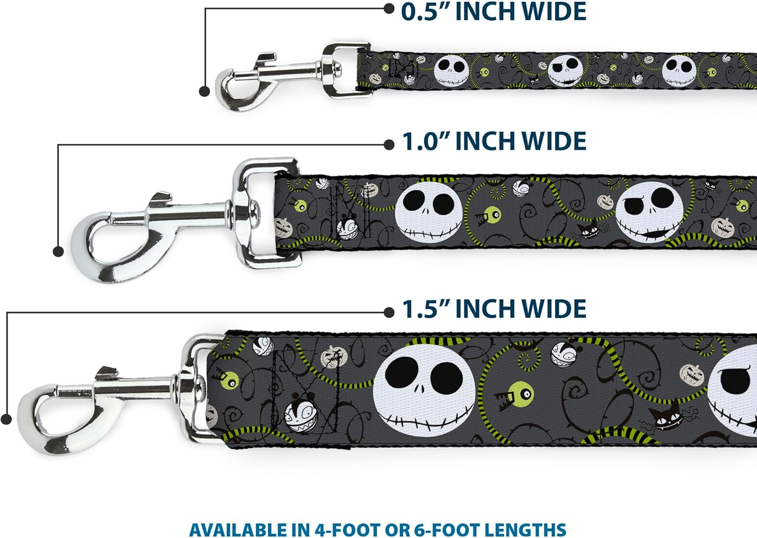 Buckle-Down Dog Leash Nightmare Before Christmas Jack Poses Bats Red Stripe 6 Feet Long 1.0 Inch Wide, Multicolor, DL-6FT-WDY035