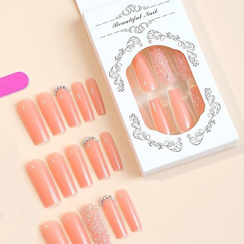 Miniatura 4 de IMSOHOT Uñas postizas largas a presión, cuadradas, con purpurina, diseño de gema de cristal de lujo, cobertura completa, uñas postizas brillantes