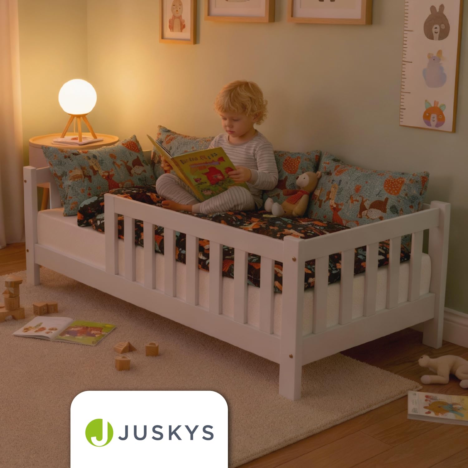 Juskys Lit au Sol Enfant Naya 120x200 cm avec Barrière de Sécurité et Sommier à Lattes, Lit à barreaux Montessori en Bois Massif Pin pour Enfants et Adolescent, Blanc