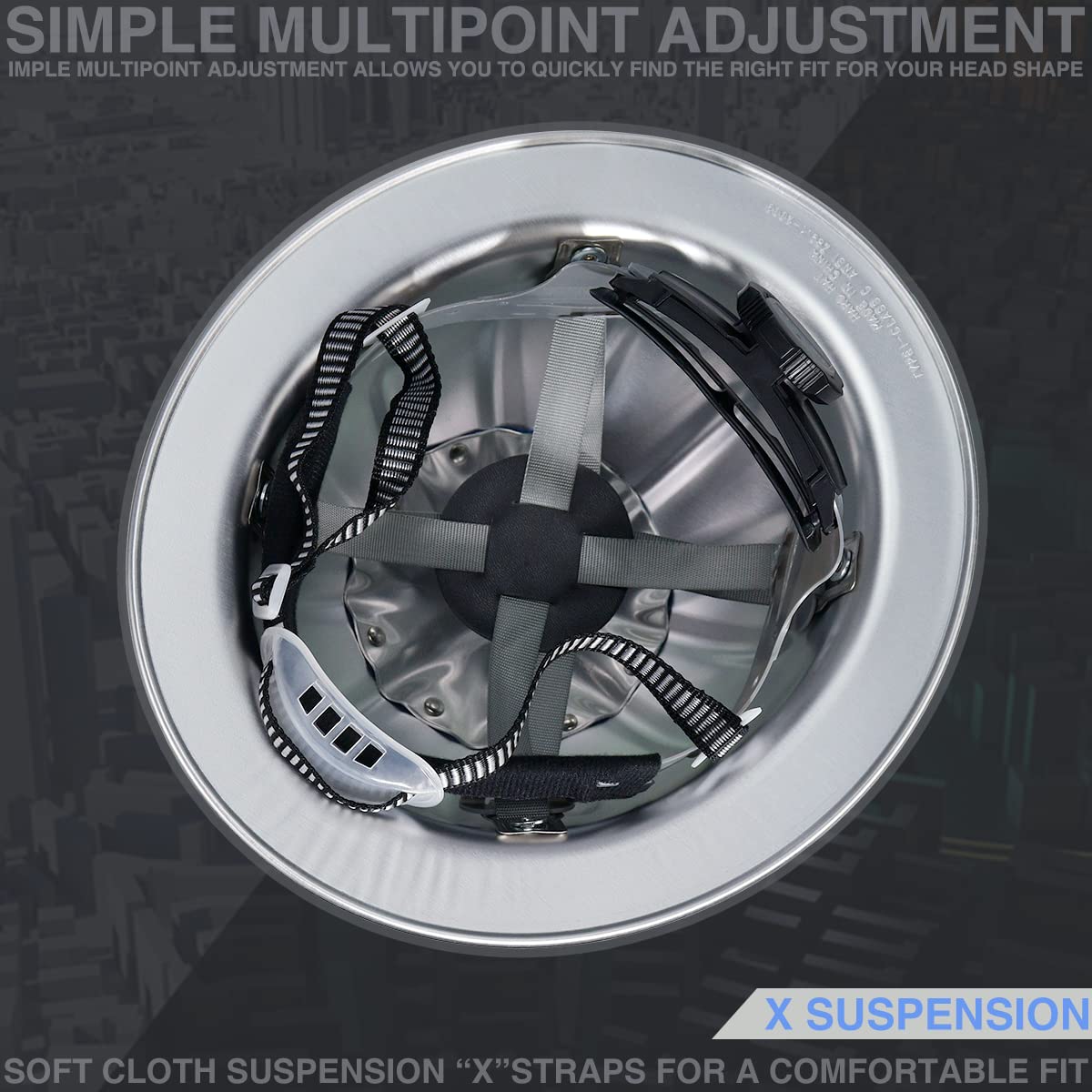 Casco de seguridad de aluminio con alas completas con suspensiones de trinquete, gorra de seguridad plateada, casco de talla única que se adapta a la mayoría