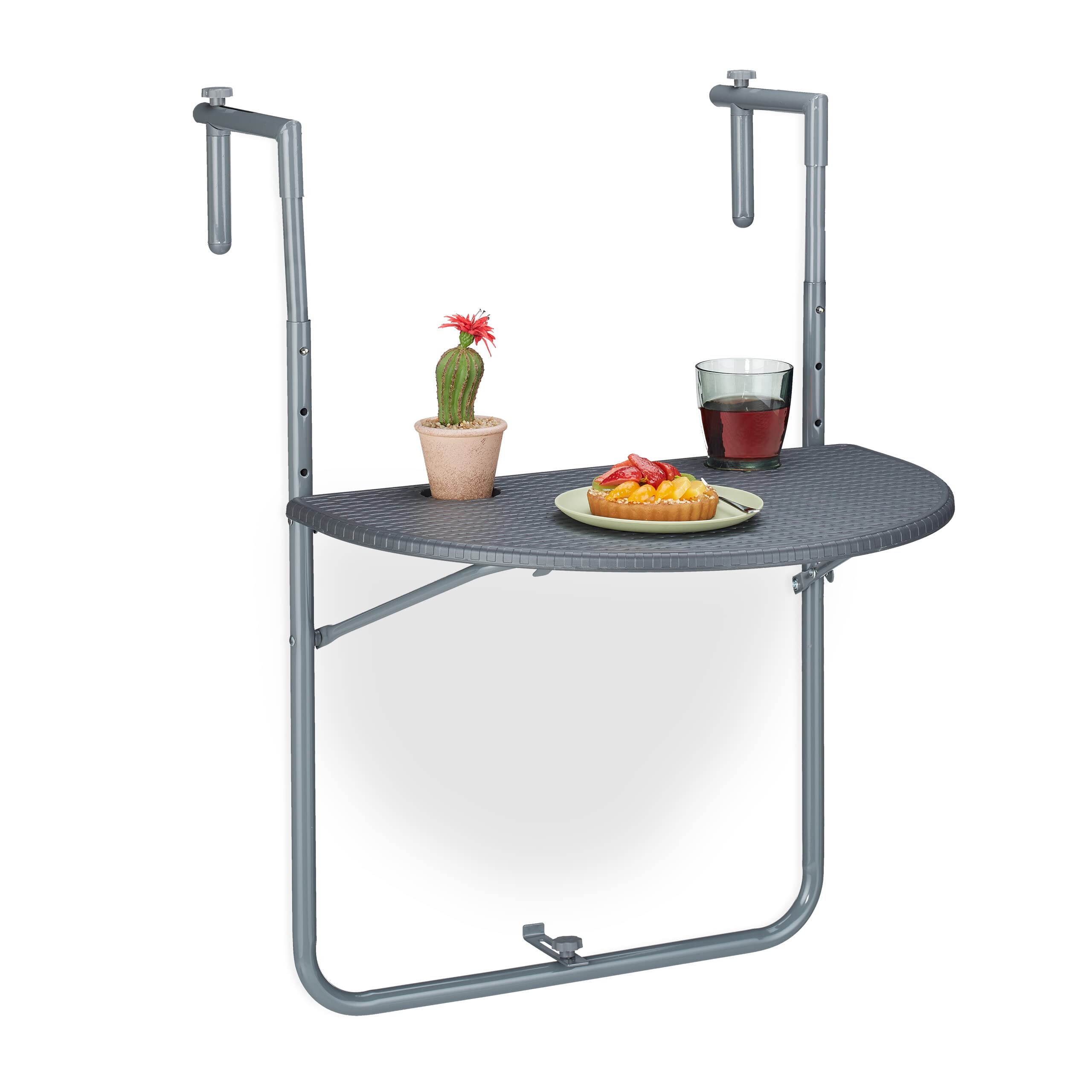 Relaxdays Mesa Colgante Balcón, Plegable, 59,5x63cm, 3 Alturas Regulables, 2 Posavasos, Mesita Barandilla Exterior, Gris