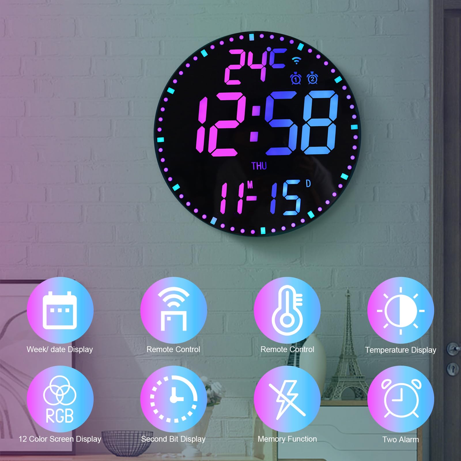 Grote digitale led-wandklok met afstandsbediening, 30 cm rondom, 12 RGB- kleuren, automatische helderheid, digitale klok, wekker met wekker, temperatuur, datum, 12/24 uur, voor woonkamer, slaapkamer