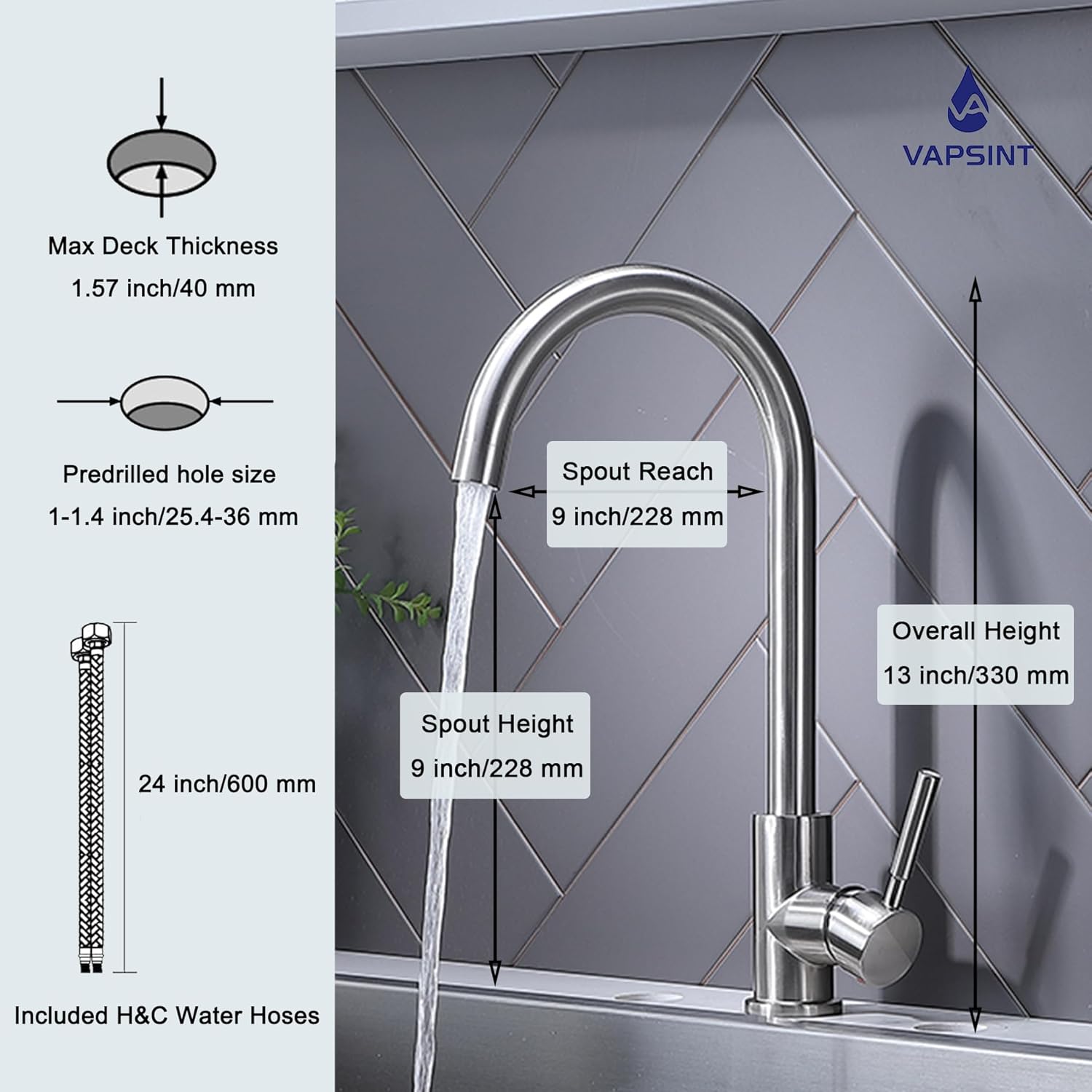 VAPSINT Single Handle Kitchen Faucet, Commercial Single Hole Brushed Nickel Bar Sink Faucet, High Arc Stainless Steel Kitchen Sink Faucets for Farmhouse RV Lavatory Bar Outdoor - Image 5