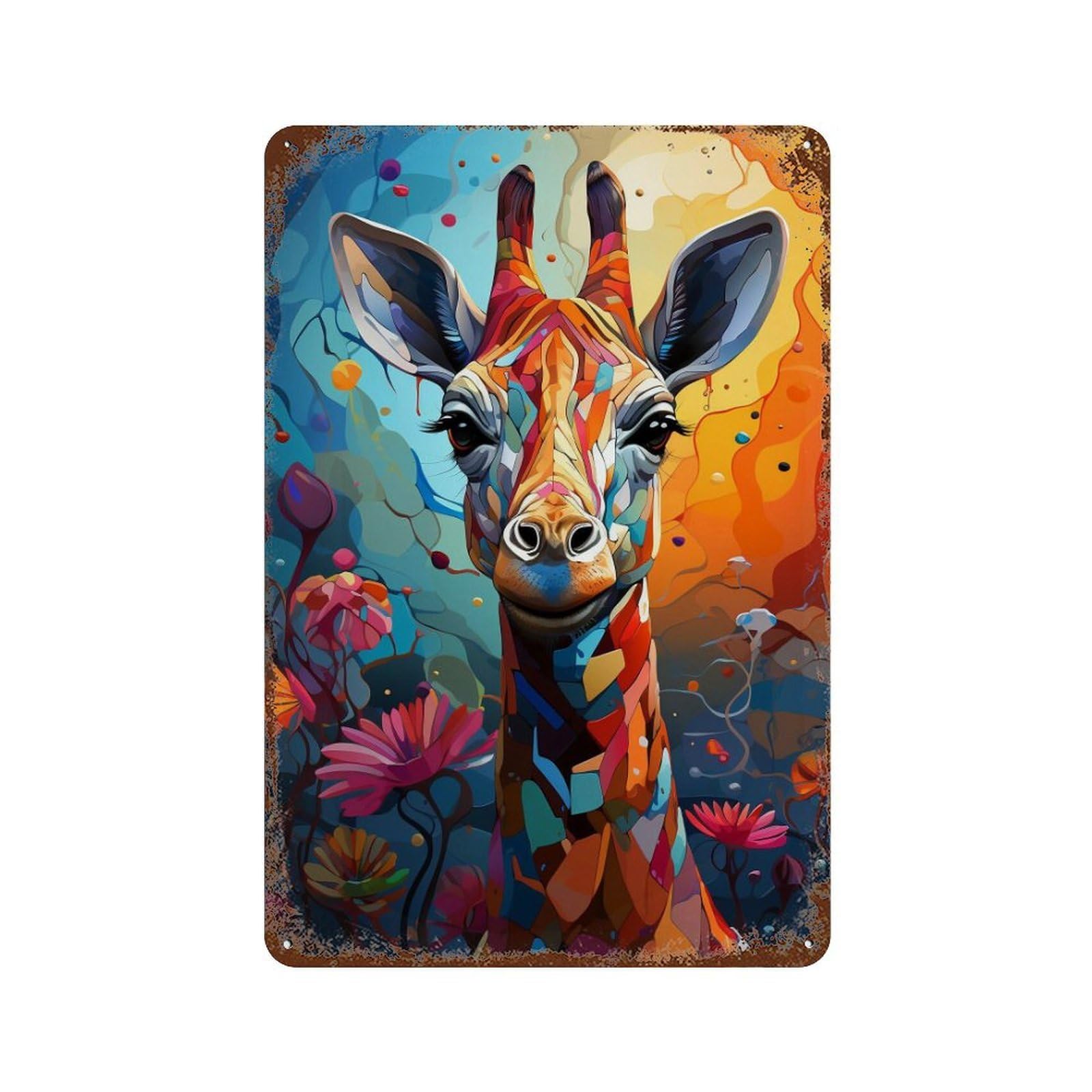 Rust Effect Colorful Giraffe Art Print-3 Rustic Tin Plaque 11.8"x7.9", Classic Wall Plaque for Shed, Workshop And Garage Wall Decor
