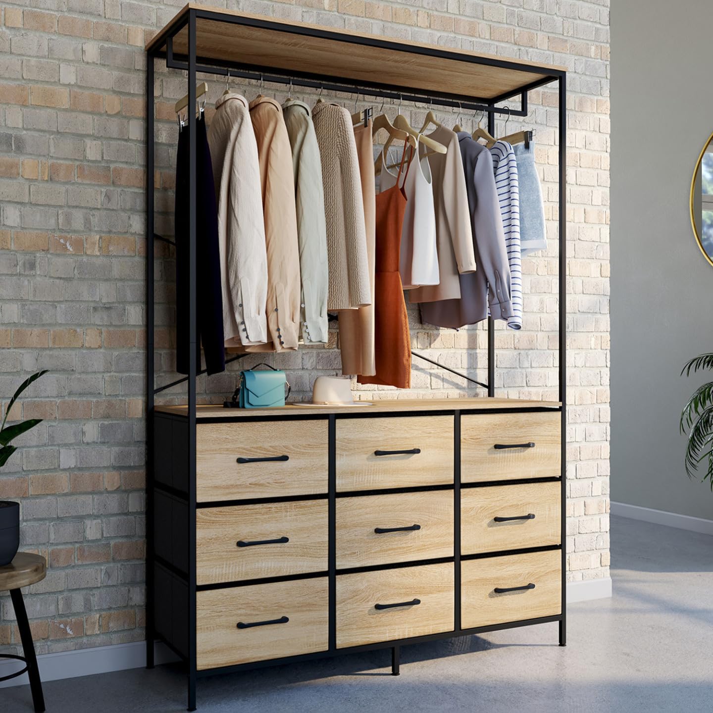 IDMarket - Ropero con vestidor L. 115 cm UTAH con 9 compartimentos de tela, madera y negro