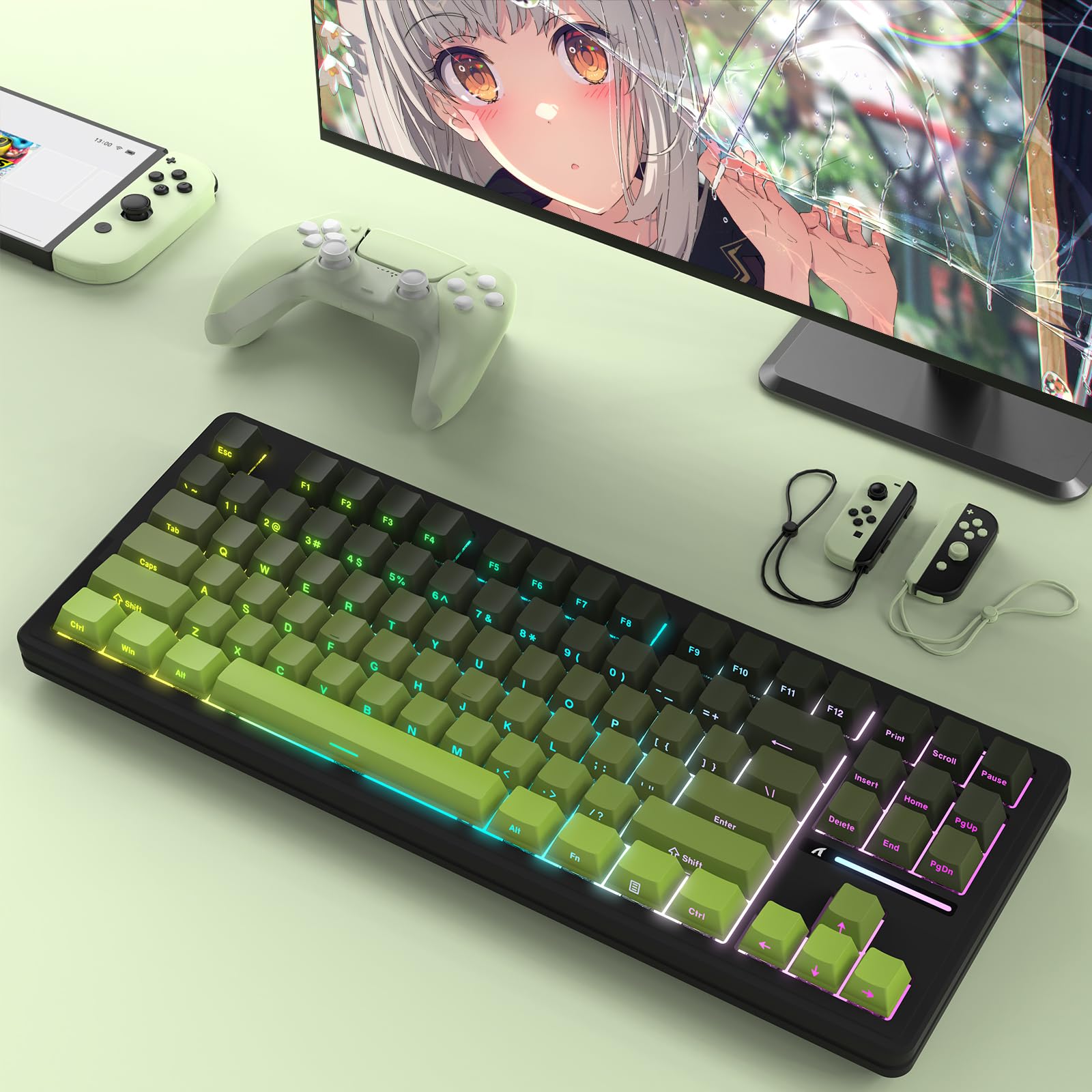 LexonElec x ATTACK SHARK M87 Tastiera da Gioco Wireless 75%, BT5.0/2,4GHz/Cablata, 27 RGB Backlit, Tastiera Meccanica TKL, Hot-swap Linear Switch, QWERTY Copritasti PBT con Stampa Sfumato-Nero/Verde