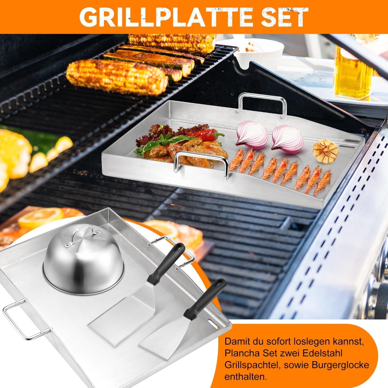 Premium Plancha Grillplatte Set - 40 x 30 cm - Grillplatte für BBQ Gasgrill & Kohlegrill - 4mm Dicke Plancha Gasgrill - Edelstahl mit Grillspachtel Set